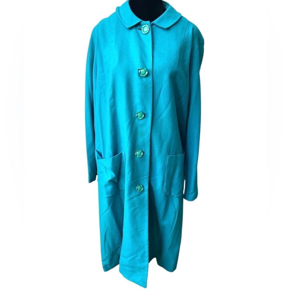 Vintage Turquoise Mod Midi Coat Oversized Buttons Unlined Size Medium 1960s